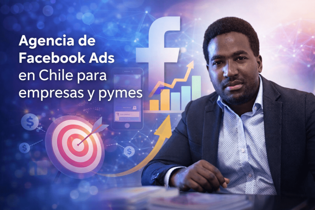 Portada de agencia de Facebook Ads en Chile para empresas y pymes con consultor de marketing digital y elementos visuales de publicidad en Meta
