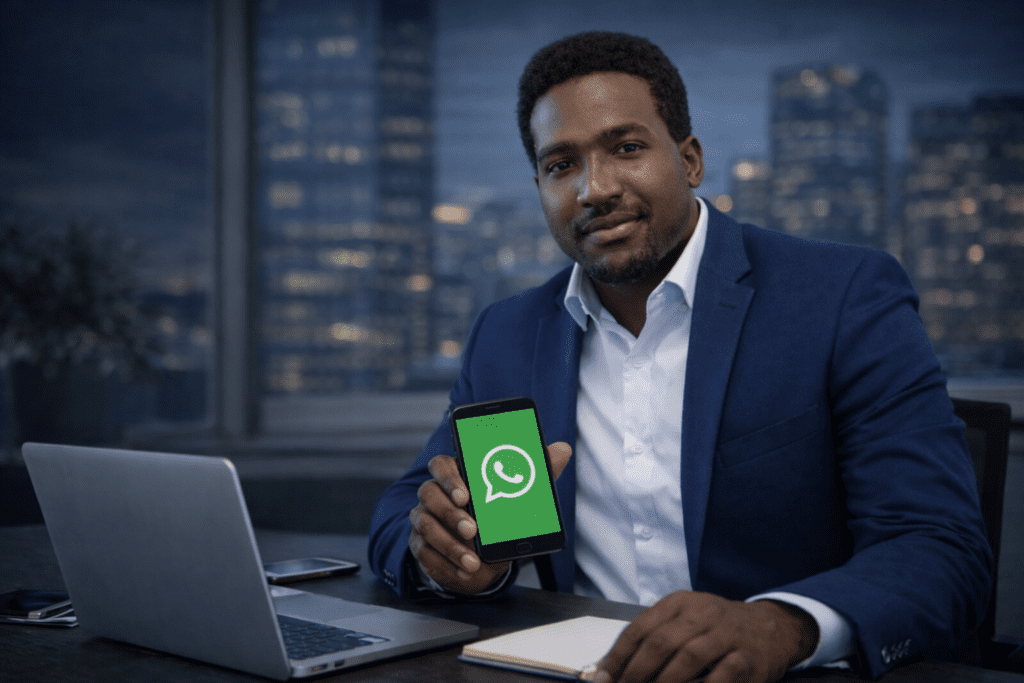 Profesional mostrando WhatsApp como canal de captación de clientes con Meta Ads en oficina moderna