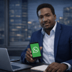 Profesional mostrando WhatsApp como canal de captación de clientes con Meta Ads en oficina moderna