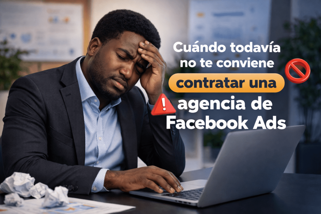 Profesional preocupado frente a su computador en una oficina, imagen para sección sobre cuándo no conviene contratar una agencia de Facebook Ads
