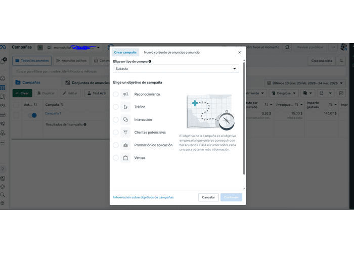 Panel de Meta Ads con selección de objetivo de campaña para sección sobre errores que encarecen Facebook Ads