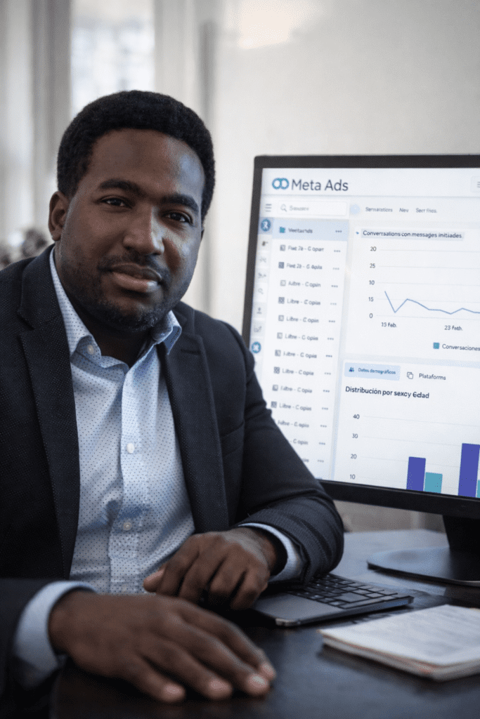 Profesional revisando campañas de Meta Ads en una oficina con panel de resultados en pantalla