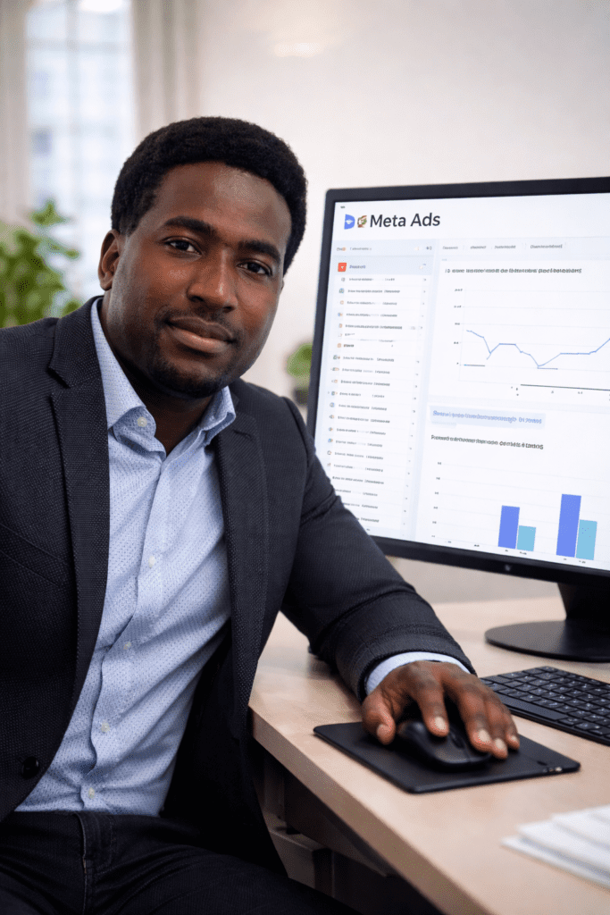 Profesional analizando campañas de Meta Ads en escritorio con mouse y panel de resultados en pantalla