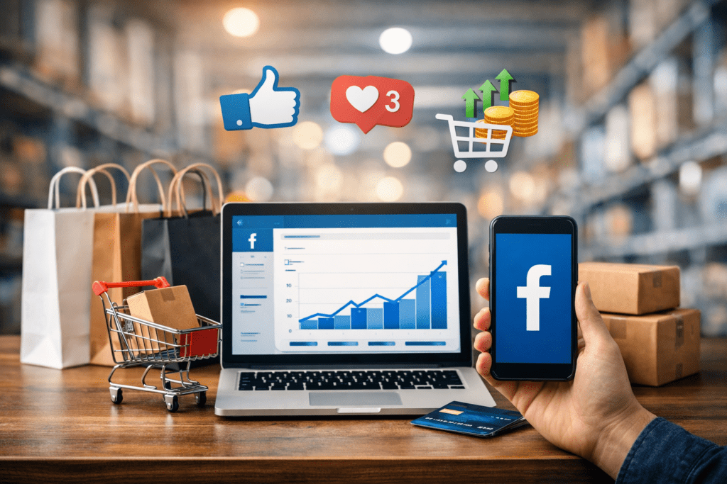 Laptop y celular con Facebook Ads para ecommerce en mesa con bolsas, cajas y carrito de compras