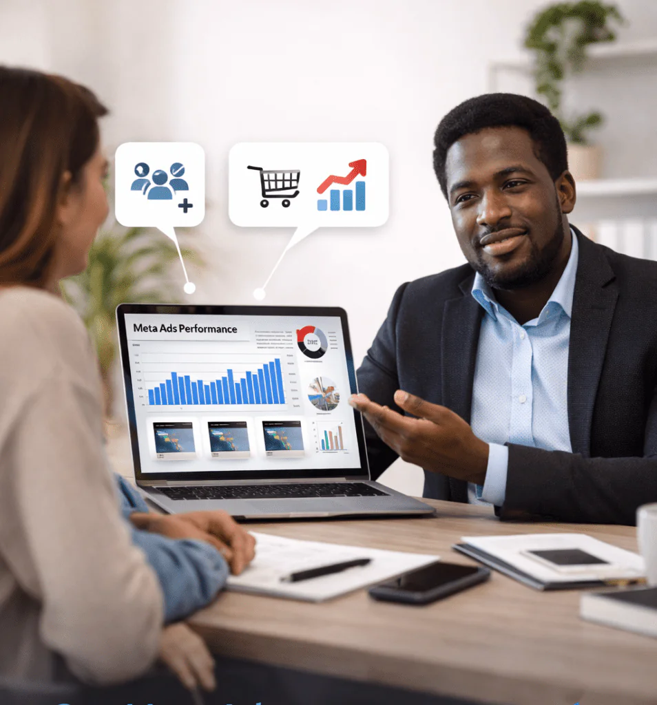 Consultor explicando cómo Meta Ads puede ayudar a captar clientes o vender más