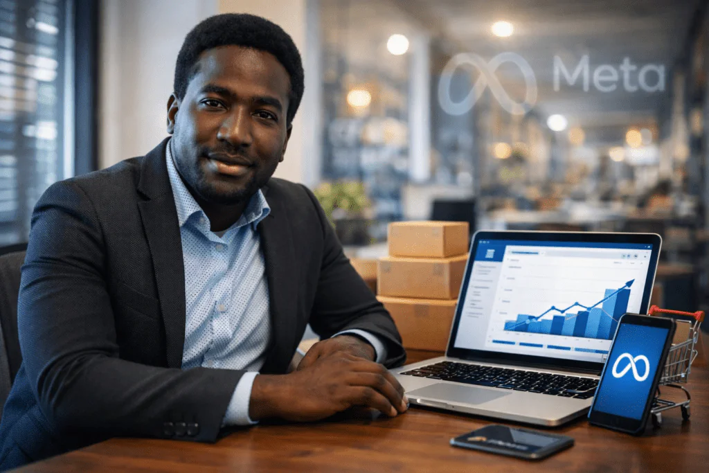 Profesional revisando métricas de Meta Ads en laptop y celular en oficina