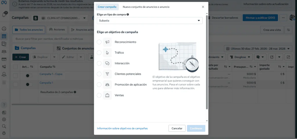 Panel de Meta Ads con selección de objetivos de campaña para vender más