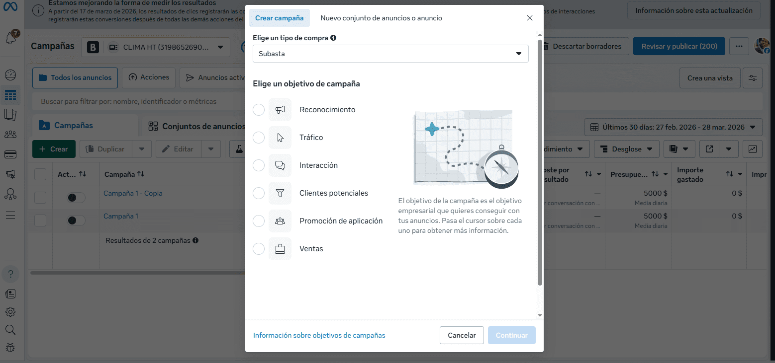 Qué campañas puedes correr con Meta Ads para vender más 1 Panel de Meta Ads con selección de objetivos de campaña para vender más