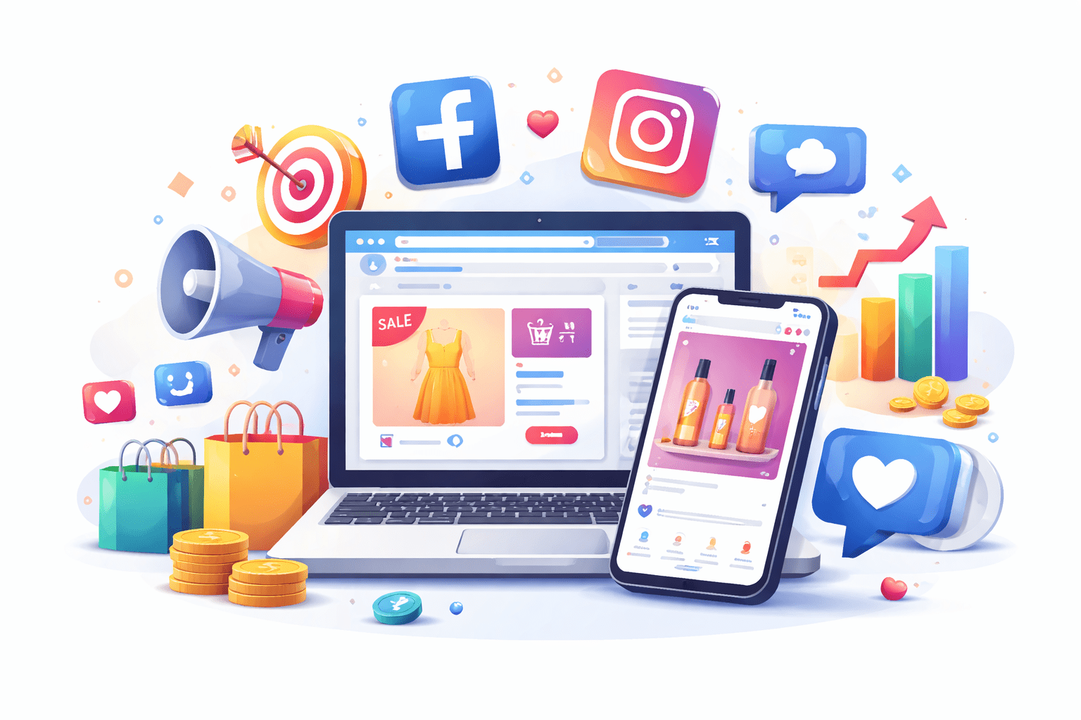 Ilustración de publicidad en Facebook e Instagram para negocios con laptop, celular y anuncios digitales