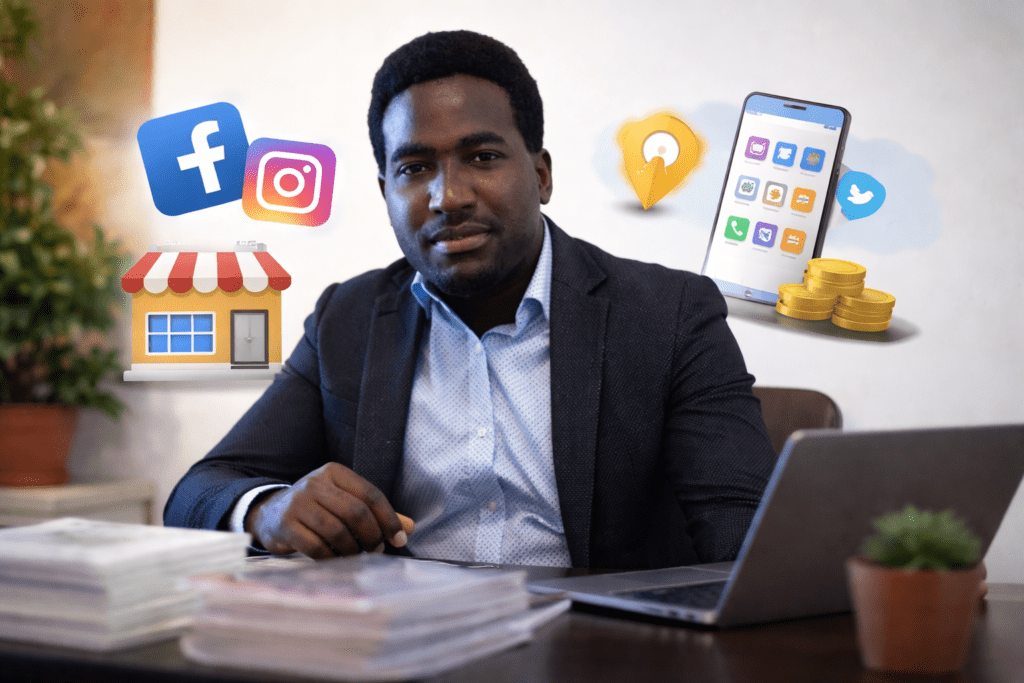 Consultor en oficina con íconos de redes sociales y publicidad digital para empresas