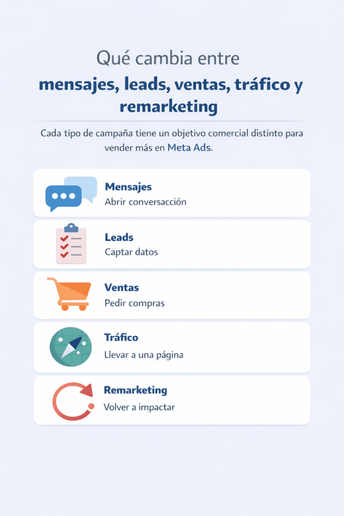 Qué cambia entre mensajes, leads, ventas, tráfico y remarketing Infografía sobre diferencias entre mensajes, leads, ventas, tráfico y remarketing en Meta Ads