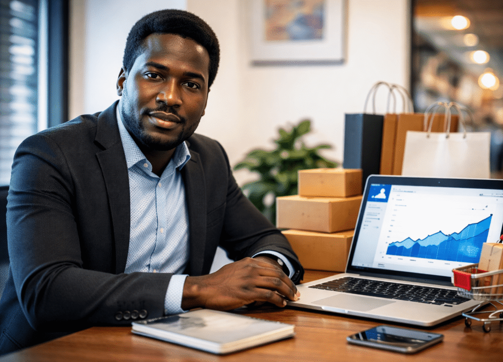 Profesional trabajando en laptop con métricas de Facebook Ads para ecommerce, junto a cajas, bolsas y carrito de compras