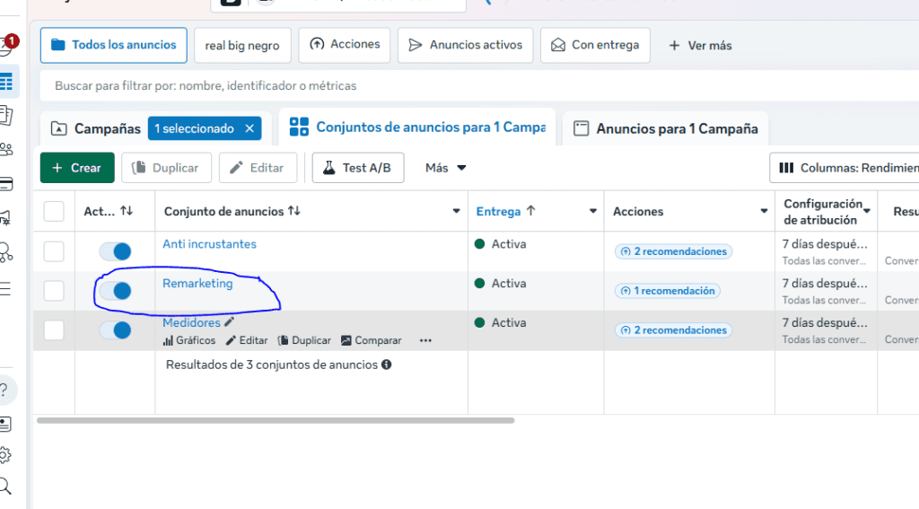 Remarketing en Meta Ads dentro del administrador de anuncios Conjunto de anuncios de remarketing activo en Meta Ads dentro del administrador de anuncios