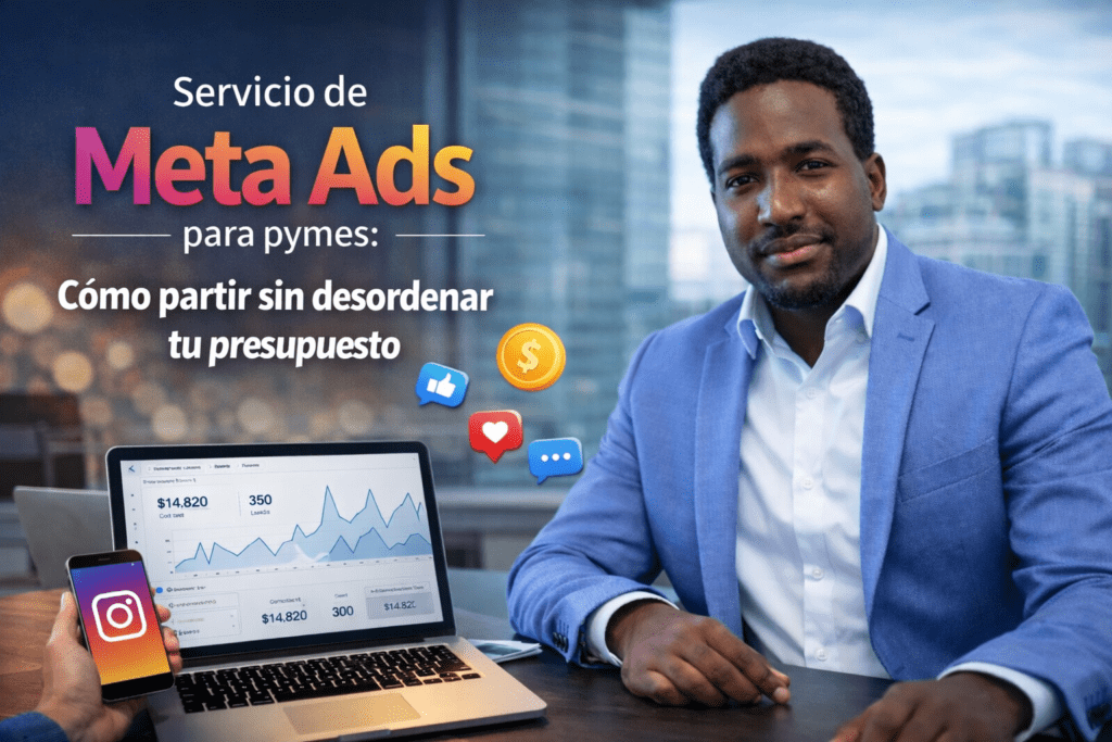 Servicio de Meta Ads para pymes con profesional en oficina y elementos de publicidad digital
