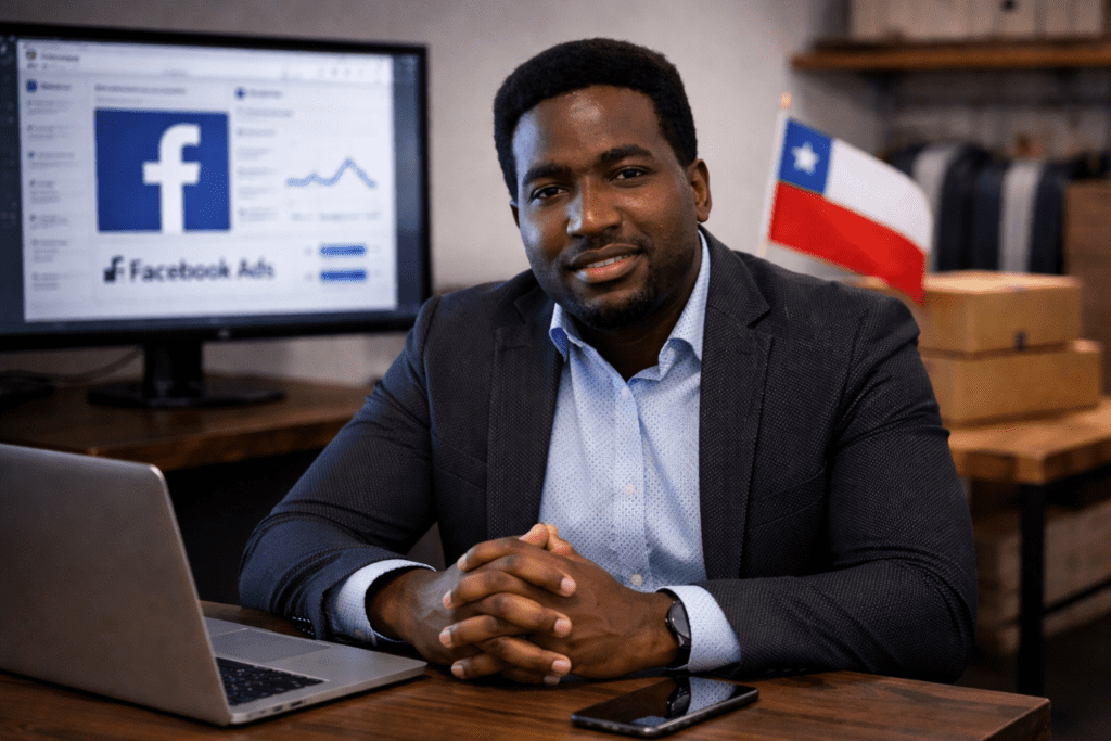 Stevenson Jacques en oficina profesional con laptop y panel de Facebook Ads para pymes en Chile
