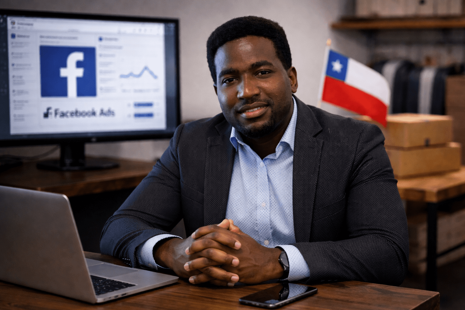 Agencia de Facebook Ads para pymes: qué servicio conviene contratar primero 1 Stevenson Jacques en oficina profesional con laptop y panel de Facebook Ads para pymes en Chile