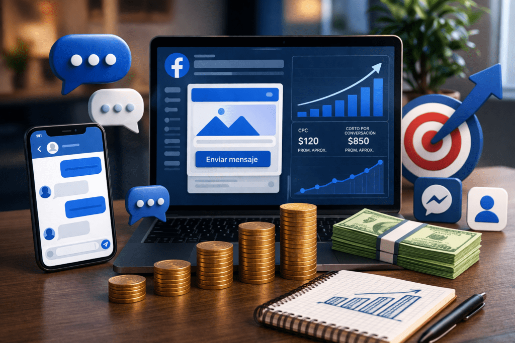 Imagen horizontal sobre campañas de mensajes en Facebook Ads con smartphone, burbuja de chat, monedas, laptop y gráficos de rendimiento