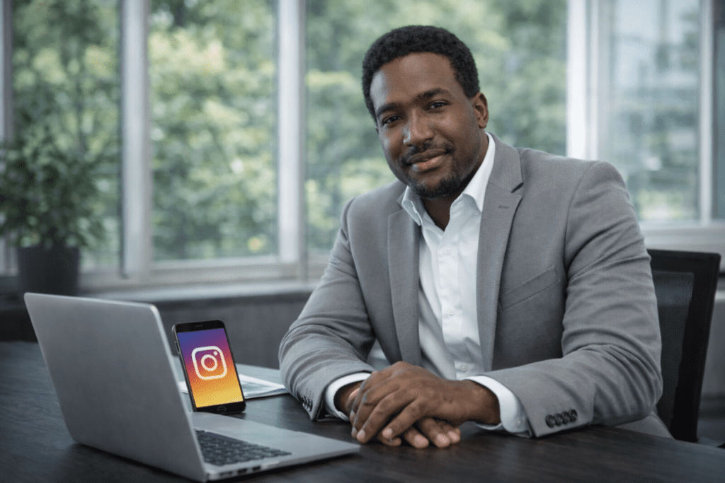 Consultor de marketing digital en oficina mostrando estrategia de Facebook e Instagram Ads para empresas y pymes