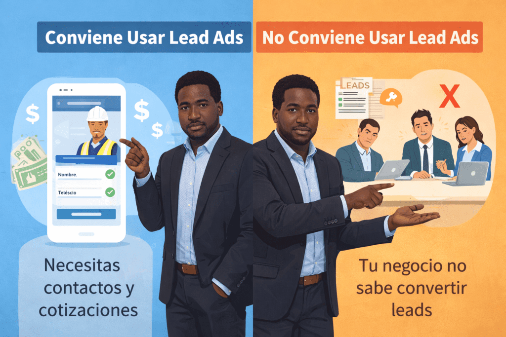 Ilustración comparativa sobre cuándo conviene usar Lead Ads en Facebook y cuándo no para captar clientes potenciales