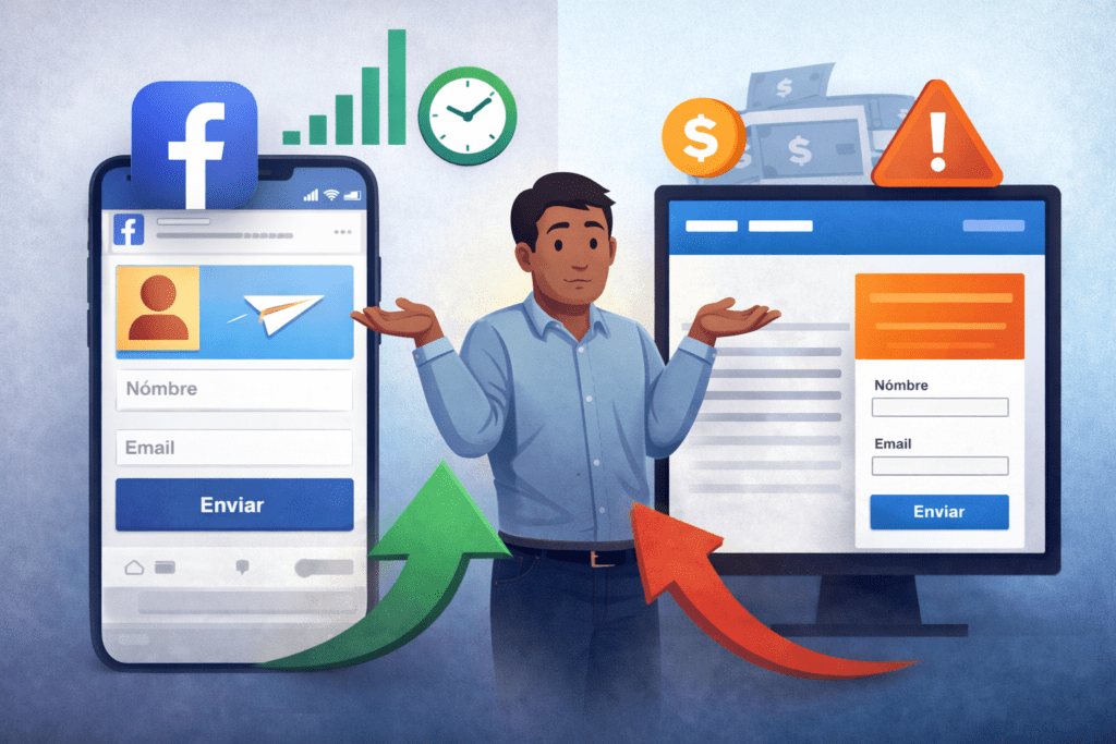 Ilustración comparativa entre Facebook Lead Ads y landing page, con formulario nativo en celular, formulario web en monitor y elementos visuales de conversión.