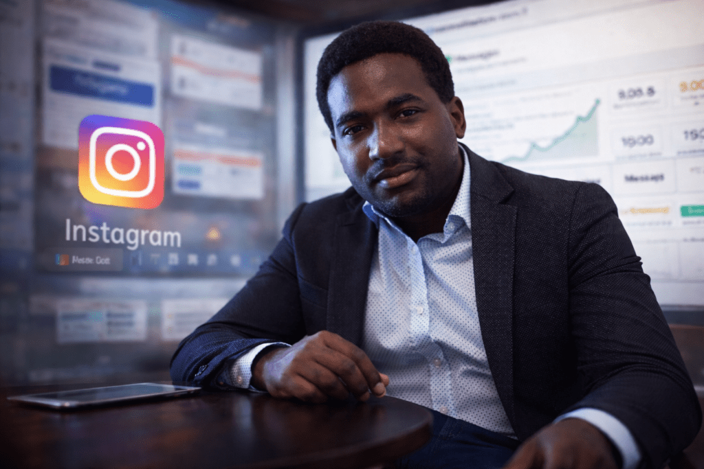 Stevenson Jacques en oficina profesional con fondo visual de Instagram Ads y analítica digital, en imagen horizontal para portada de artículo.