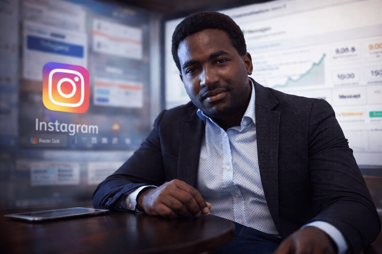 Stevenson Jacques en oficina profesional con fondo visual de Instagram Ads y analítica digital, en imagen horizontal para portada de artículo.