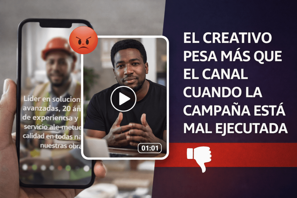 Imagen comparativa que muestra cómo un creativo débil puede afectar más el rendimiento que el canal cuando una campaña de anuncios está mal ejecutada.