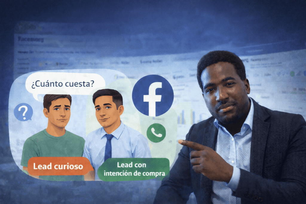 Stevenson Jacques en imagen horizontal sobre calidad de leads en Facebook Ads con comparación entre lead curioso y lead con intención de compra