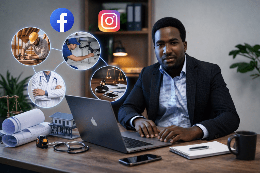 Para qué sirve la publicidad en Facebook e Instagram en una empresa de servicios Consultor de marketing digital en oficina con referencias visuales a Facebook e Instagram para empresas de servicios