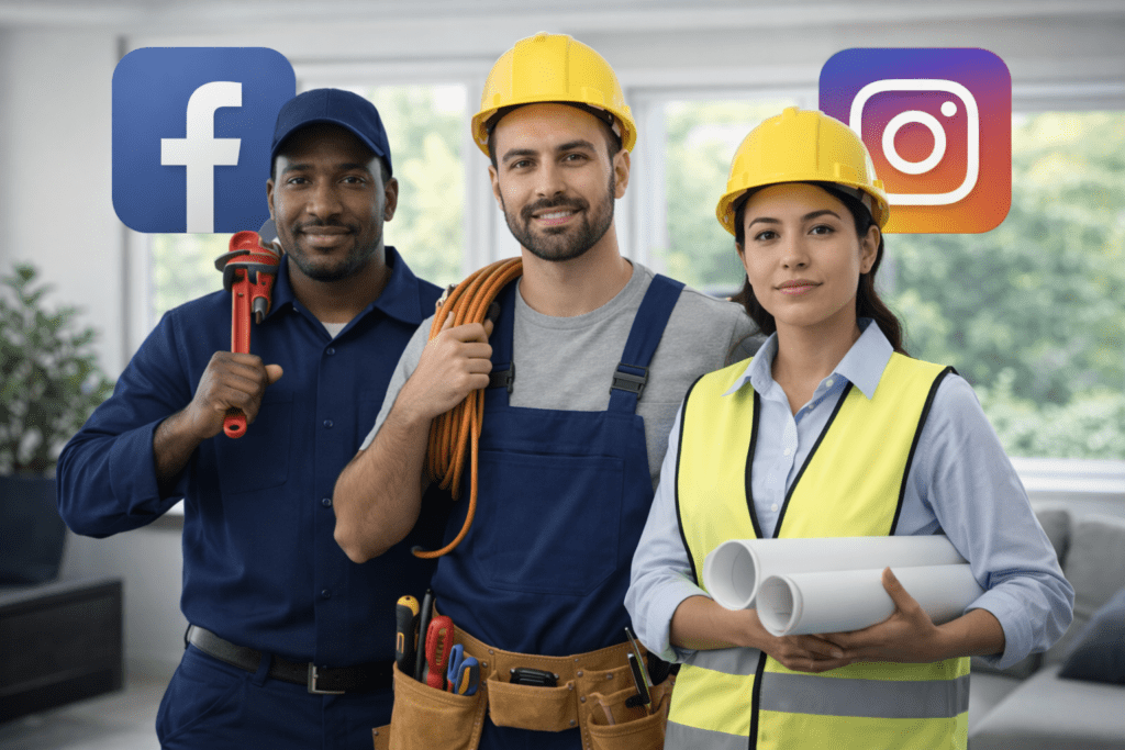 Profesionales de servicios y oficios técnicos junto a referencias de Facebook e Instagram para ilustrar publicidad digital en ambas plataformas