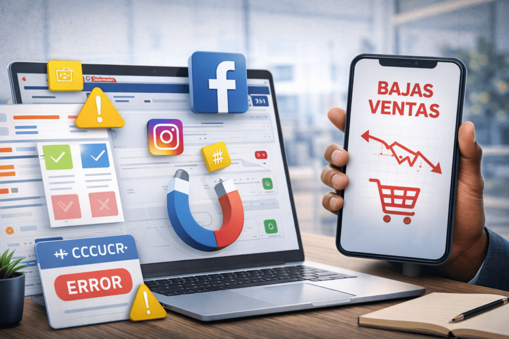 Panel de ecommerce con errores de configuración y bajas ventas en campañas de Facebook e Instagram Ads