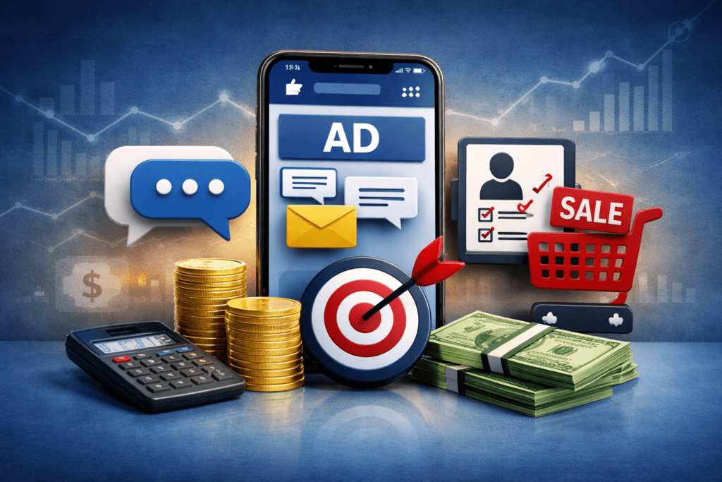 Imagen horizontal sobre precio de Facebook Ads con elementos visuales de mensajes, leads, ventas, inversión publicitaria y resultados.