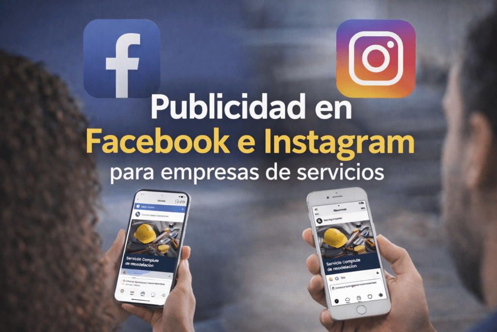 Publicidad en Facebook e Instagram para empresas de servicios mostrada en celulares con anuncios digitales