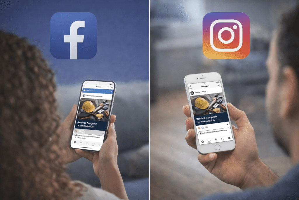 Comparativa visual entre Facebook e Instagram Ads en celulares para ilustrar cómo cambia la atención del usuario en cada plataforma