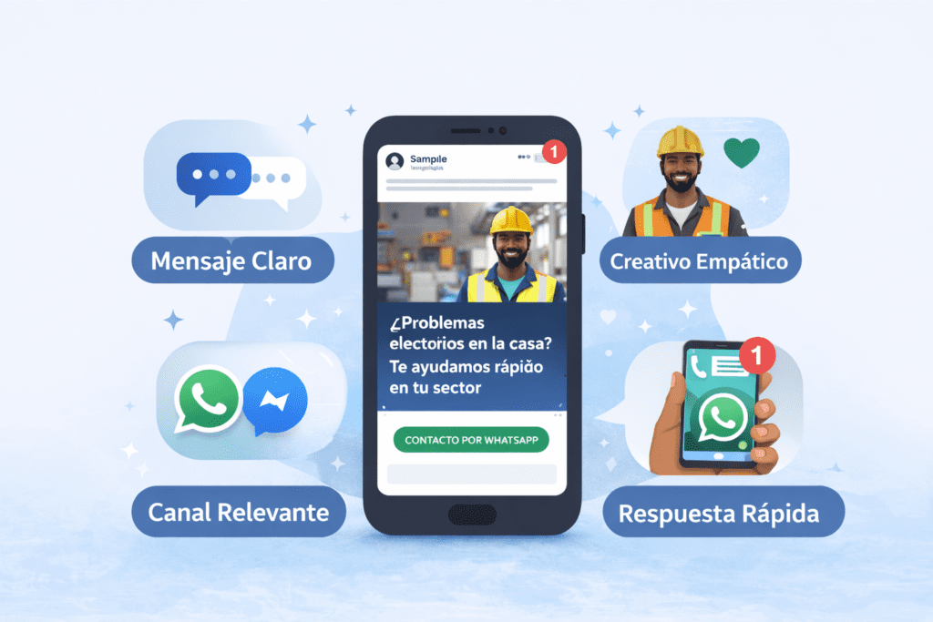 Ilustración de campaña de Facebook Ads para WhatsApp con mensaje claro, creativo empático, canal relevante y respuesta rápida.