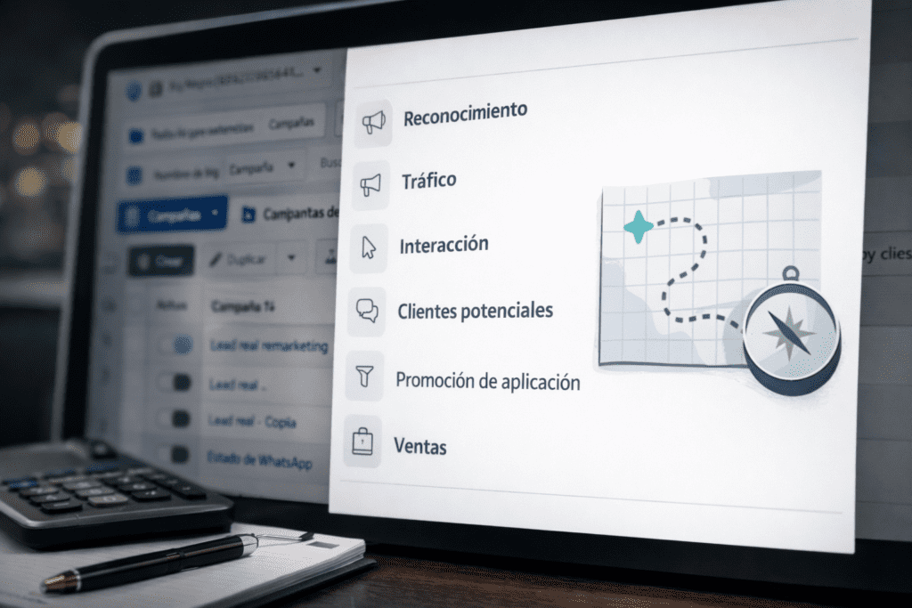 Panel de Meta Ads mostrando tipos de campaña para captar clientes en un negocio local