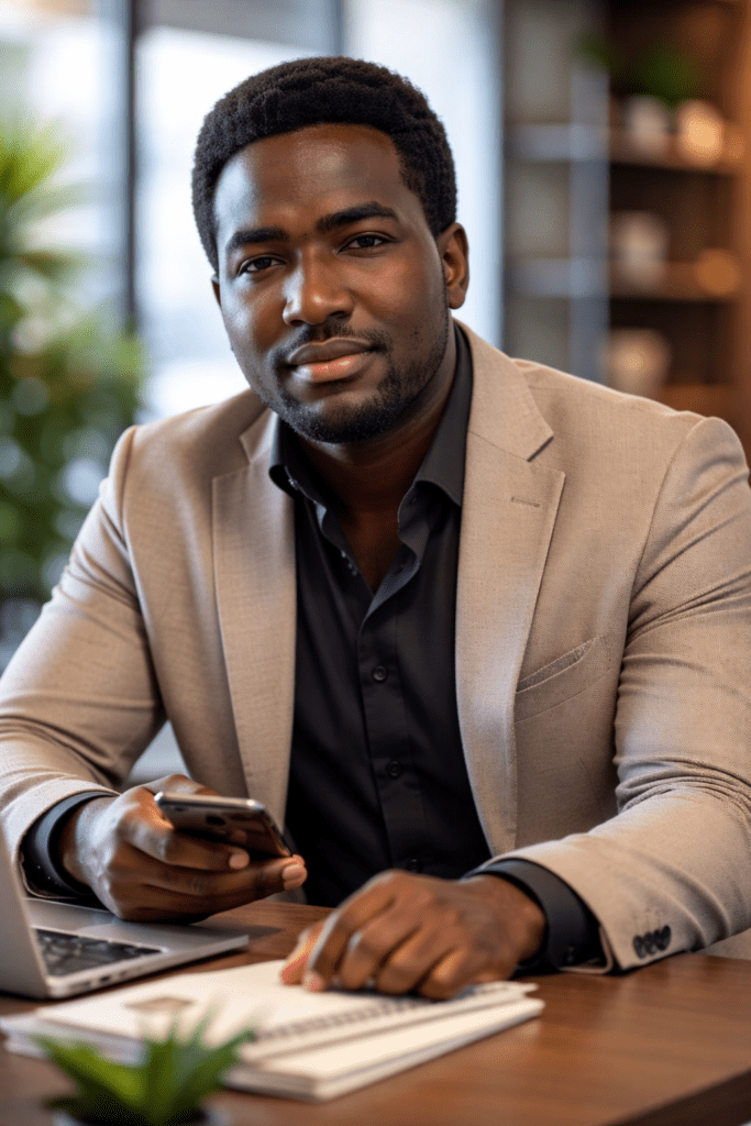 Stevenson Jacques en oficina moderna con traje beige y camisa negra, imagen de portada para artículo comparativo sobre Instagram Ads vs Facebook Ads.